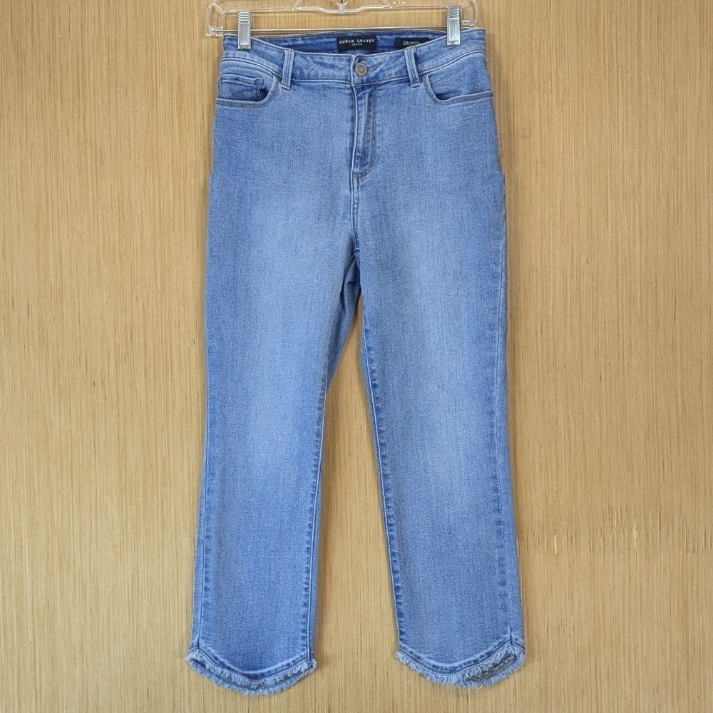 Susan Graver Jeans Womens 2 Blue Light Wash Cropped Tulip‎ Fringe Hem High Rise
